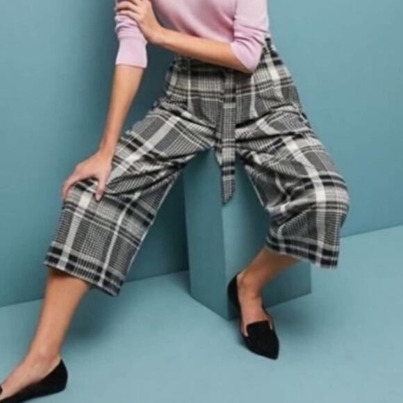 Ett TWA Anthropologie Luca Plaid Black White Pink Wide Leg Belted Pants size 4 - Picture 2 of 13
